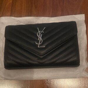 Saint Laurent Black Chevron Quilted Leather Envelope Clutch with Silver YSL